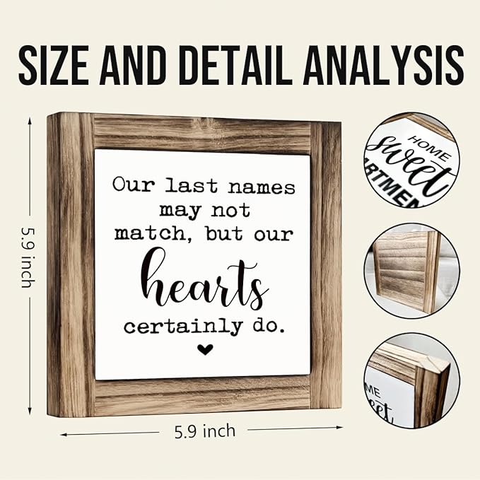 Farmhouse Wooden Box Sign, Blended Family Signs, Rustic Tabletop Decor, Father's Day Gift for Stepdad, Thanksgiving Gifts, Our Last Names May not Match But Our Hearts Certainly Do Sign, 5.9×5.9 inches