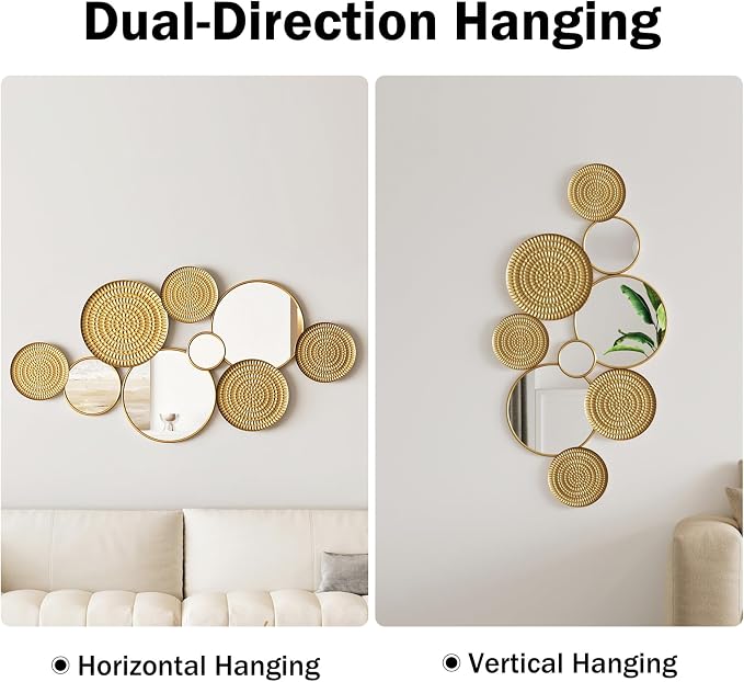 Gold Mirrors Wall Decor Metal Round Home Art Decor Decorative Modern Circle Mirror Wall Art Sculpture Hanging Decorations for Home Living Room Office