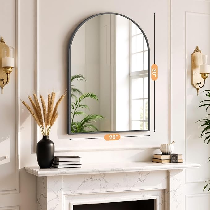Bathroom Mirror for Wall, 30x20 Inch Arched Mirror, Matte Black Metal Framed Bathroom Vanity Mirror for Restroom Farmhouse, Anti-Rust, Tempered Glass, Hanging or Leaning