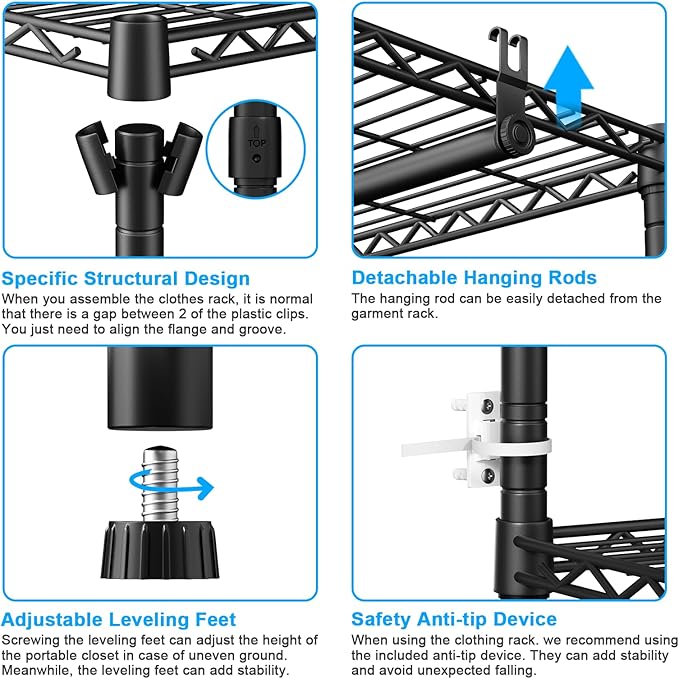 Ulif E13 Pro Heavy Duty Clothes Rack（With 4 Hanger Rods & 8 Shelves） Freestanding Clothing Racks for Hanging Clothes，Adjustable Closet，Metal Garment Rack 75" W x16 D x77 H，Max Load 1000LBS，Black