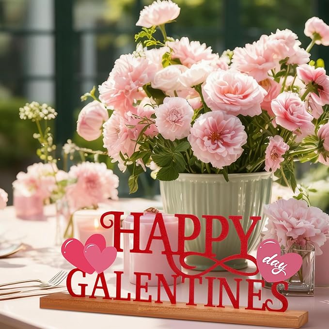 Teenyyou Happy Galentines Day Tabletop Decoration Galentines Day Party Centerpiece Red Pink Glittery Heart Romantic Metal Word Sign with Wooden Base for Valentines Bunting Ladies Photo Props