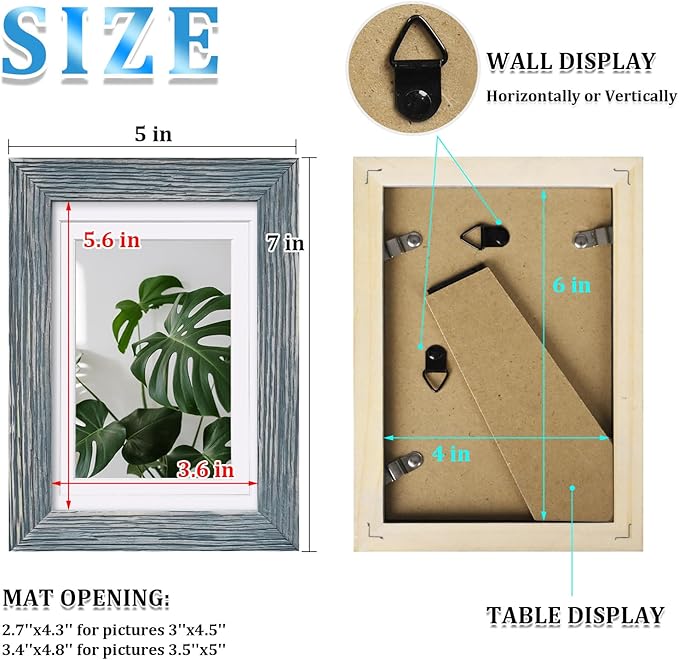 Egofine 4x6 Picture Frames Set of 4, Made of Solid Wood Covered by Plexiglass 3x4.5 and 3.5x5 with Mat or 4x6 without Mat, for Table Top Display and Wall Mounting Photo Frame, Rustic Blue