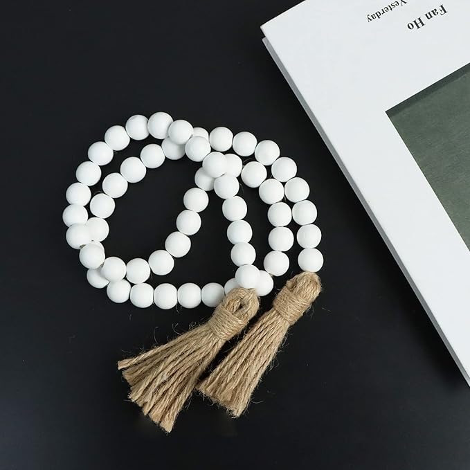 Meplait 39in Wood Bead Garland Farmhouse with Tassels,Versatile Prayer Beads Boho Chic Wall Hanging Home Decor (White)
