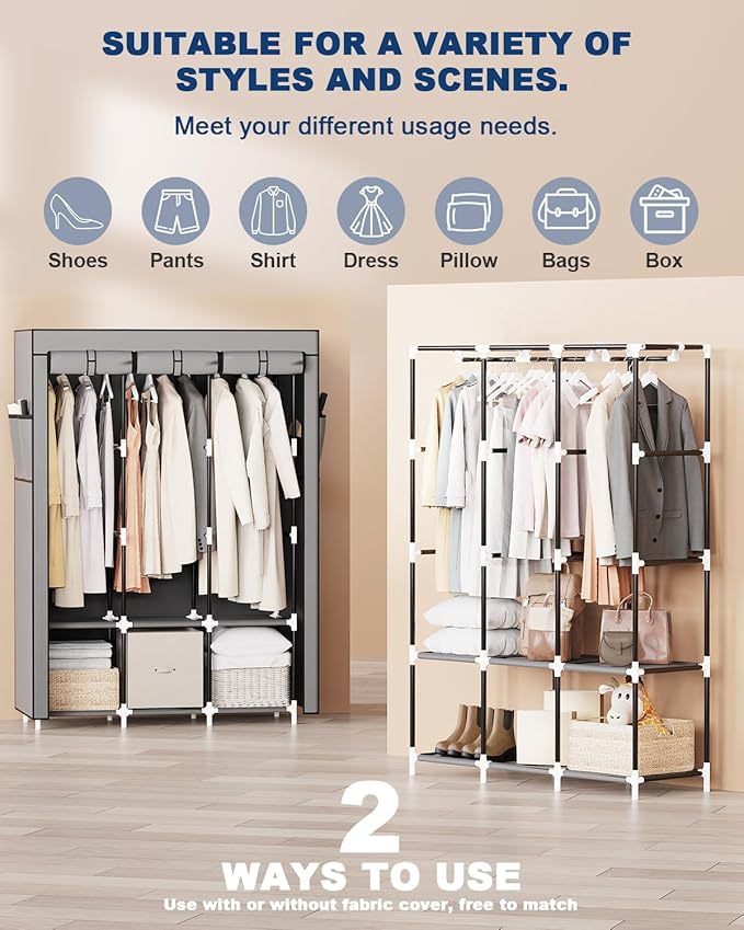 Mavivegue Portable Closet, 50 Inch Wardrobe Closet, Portable Closets for Hanging Clothes with 3 Hanging Rods and 6 Storage Shelves for Bedroom, Gray