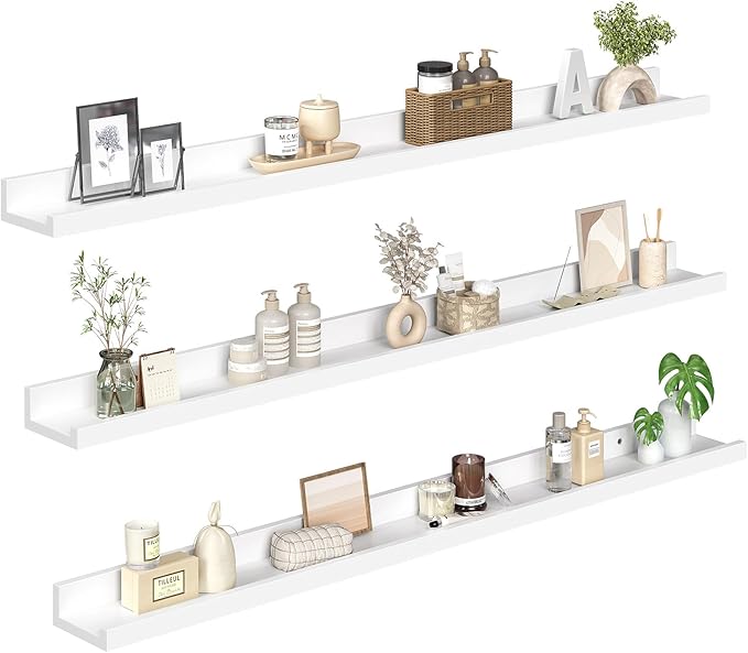 HOOBRO Floating Shelves, Wall Shelf Set of 3, 47.2 Inches Hanging Shelf with Raised Edge and Invisible Brackets, for Bathroom, Bedroom, Kitchen, Office, Living Room Decor, White WT92BJ01