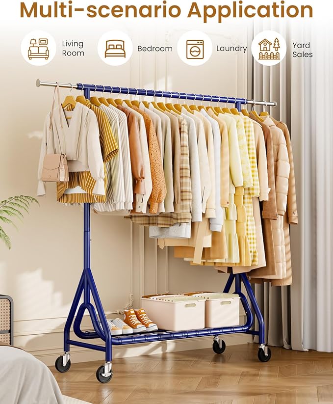 Heavy Duty Clothing Rack, Metal Clothes Rack Load 450 LBS, Rolling Coat Racks for Hanging Clothes with Lockable Wheels, Wardrobe Closet Garment Racks for Bedroom, Navy Blue