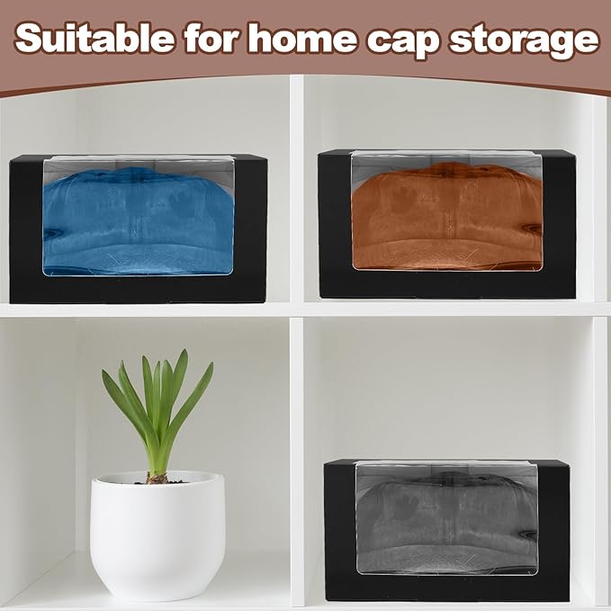 50 Pack Hat Boxes with Clear Window, Foldable Black Gift Boxes for Baseball Caps, Storage, Display and Shipping
