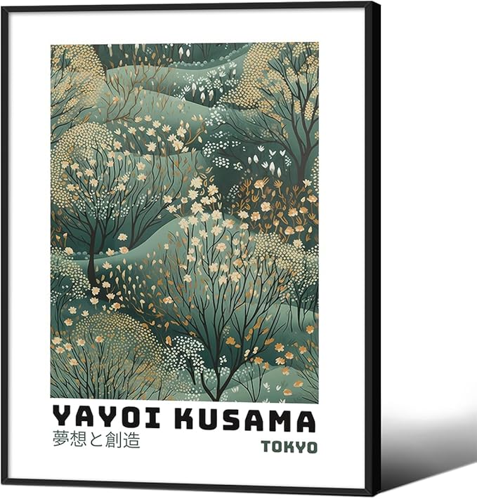 Yayoi Kusama Inspired Poster Japanese Botanical Wall Art Abstract Yayoi Kusama Print Modern Ukiyo-e Japanese Gallery Wall Decor 8x10in Black Framed for Home Bedroom Decorations