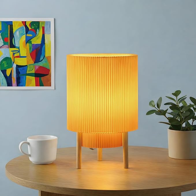 Buruis 2-Tier Table Lamp with Pleated Fabric Shade, Natural Rubber Wood Stand, UL Listed, 10'' Elegant Retro Mid-Century Bedside Lamp for Bedroom, Living Room, Bookshelf, Bulb Not Included, Yellow
