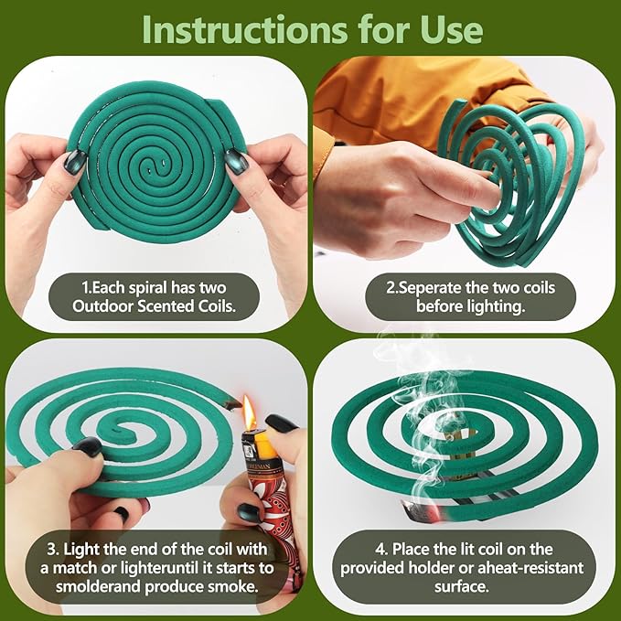 Natural Essential Oil Scented Coils for Outdoor Use, Fresh Aroma, Burns 5-7 Hours, 20 Coils & 2 Stands for Patio Backyard