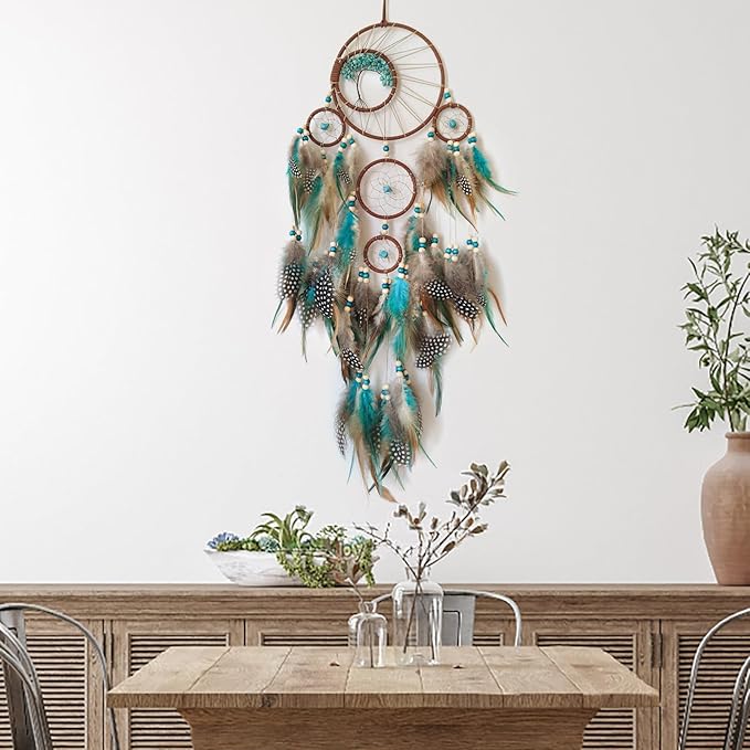 Blue and Brown Large Dream Catcher Wall Decor Crystal Tree of Life Dream Catchers Handmade Feather Dreamcatcher Wall Hanging Ornament for Bedroom Living Room Home Decor