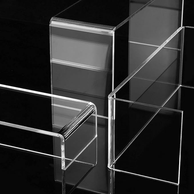ANDGOO 12 Pack Large Acrylic Risers, 4 Set(11.2”L~11.6”L~12”L) Clear Rectangular Stands for Display, Tiered Acrylic Shelves for Decor, Collectibles, Dessert Table, Retail Display Shelf Showcases