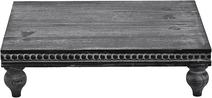 SwallowLiving Farmhouse Wood Riser for Display Decorative, Rustic Shabby Chic Tray for Kitchen Counter, Coffee Bar Table, Dining Room, Wooden Rectangle Beaded Pedestal Stand for Food, Black