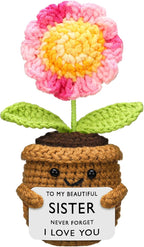 Wavwavw Sister Gifts Handmade Crochet Doll with Card Crochet Present for Sisters Sis Big Little Sister Birthday Wedding Home Decor (Pink Sunflower)