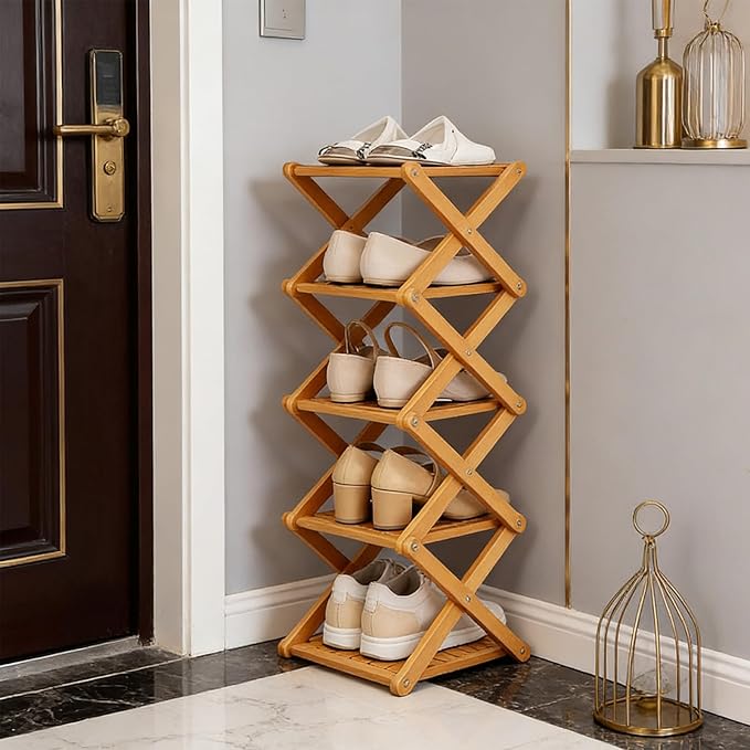 2/3/4/5/6/7/8/9 Tier Bamboo Shoe Rack - Foldable,No Installation Needed,Space-Saving Multi-Tier Storage for Indoor & Balcony Use (Brown,5 Layers)