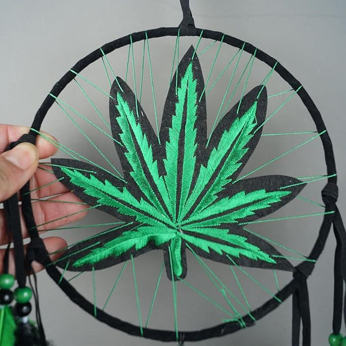 Green Leaf Weed Dream Catcher Wall Hanging Decor Bedroom Adult Living Room Home Bohemian Decorations (Two Rings)