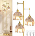 QIYIZM Gold Floor Lamp for Living Room,Bedroom,Tree 3 Light Standing Lamp Mid Century Modern Brass Tall Floor Lamps Vintage Retro Floor Lights Glass Flower Amber Lamp Shade Farmhouse Boho Bohemian