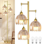 QIYIZM Gold Floor Lamp for Living Room,Bedroom,Tree 3 Light Standing Lamp Mid Century Modern Brass Tall Floor Lamps Vintage Retro Floor Lights Glass Flower Amber Lamp Shade Farmhouse Boho Bohemian