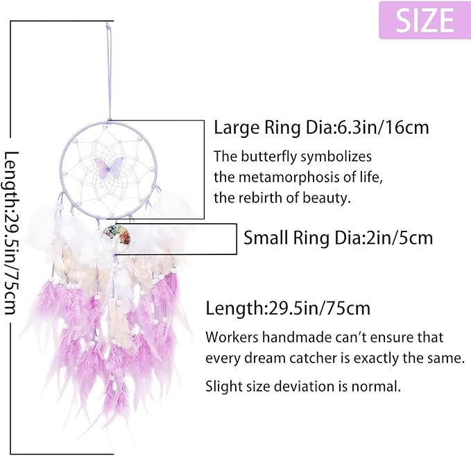 Dreamlike Butterfly Tree of Life Dream Catcher Wall Decor Purple Dream Catcher with Crystal Stone Handmade Feather Dreamcatchers Home Decor Wall Hanging for Girls Bedroom Wedding Craft Gift-29.5"