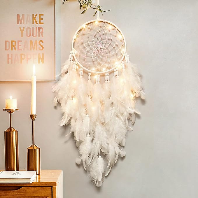 Dremisland White Feathers Dream Catcher Wall Hanging Elegant Wall Art Room Decoration for Windows Balcony Bedroom Wedding Party Gift for Girls and Kids (with Lights)