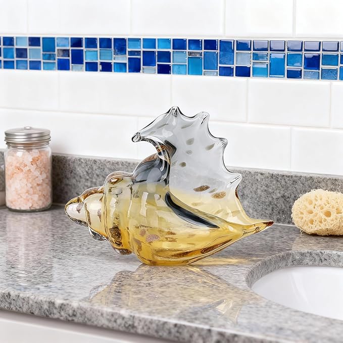Hand Blown Glass Conch Statues, Gray and Amber Glass Art Figurines, Conch Shells for Coastal Home Decor, Living Room TV Stand and Bookcase Decor, Bathroom Shelf Tops and Cabinet Decor.