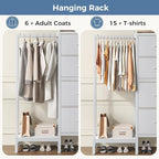 OLIXIS 4 in 1 Storage with Hanging Rack, Clothes Rack Shoes Rack, Bag Hook, Tall Storage Tower, Sturdy Frame for Bedroom Entryway Living Room White