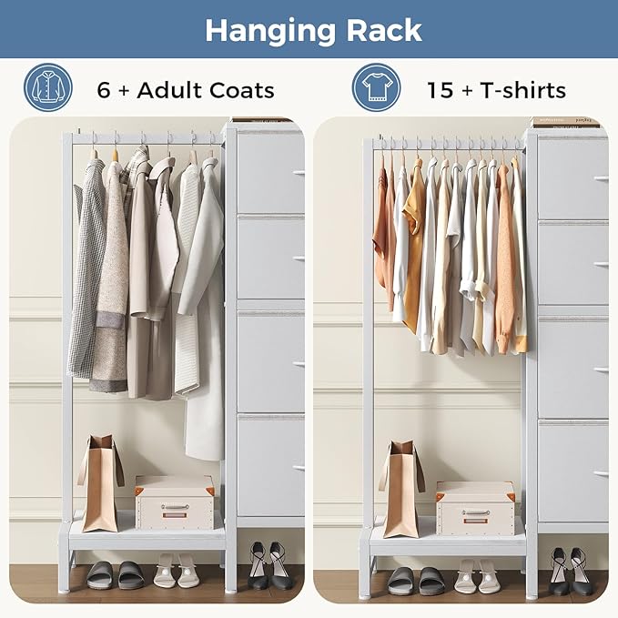 OLIXIS 4 in 1 Storage with Hanging Rack, Clothes Rack Shoes Rack, Bag Hook, Tall Storage Tower, Sturdy Frame for Bedroom Entryway Living Room White