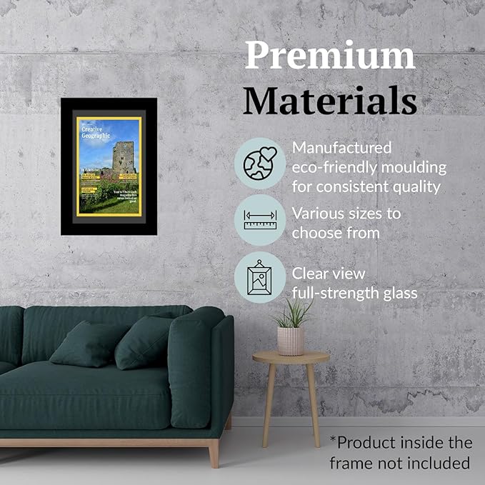 Creative Picture Frames 10.5 x 12.5 Magazine Frame with Full-Strength Glass, Holds Up To A 1/4" Thick Media with Installed Hangers for Easy Mounting, 12x14 Manhattan Black Frame with White Mat