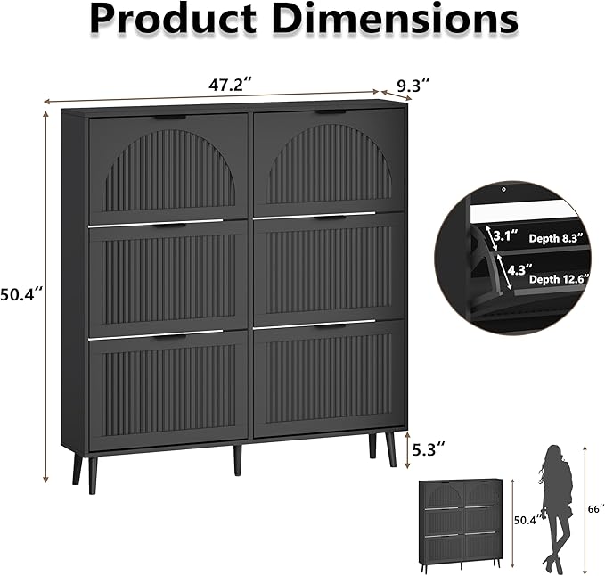 Shoe Cabinet for Entryway with 6 Flip Drawers, Slim Wooden Shoe Storage Organizer with Modern Fluted Pannel，Freestanding Narrow Hidden Shoe Rack for Hallway, Foyer, Living Room