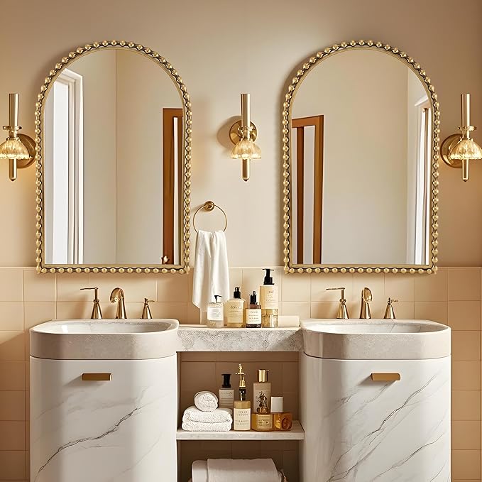 24x36 Inch Arched Wall Mirror with Bold Antique Gold Beaded Frame, Decorative Vintage Mirror for Living Room, Entryway or Fireplace Mantel, Bathroom Wall Decor Mirror