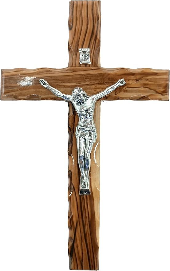 Zuluf 7.8" Olive Wood Latin Cross with Silver Plated Crucifix Christian Wall Gift from Bethlehem Holy Land CRS064