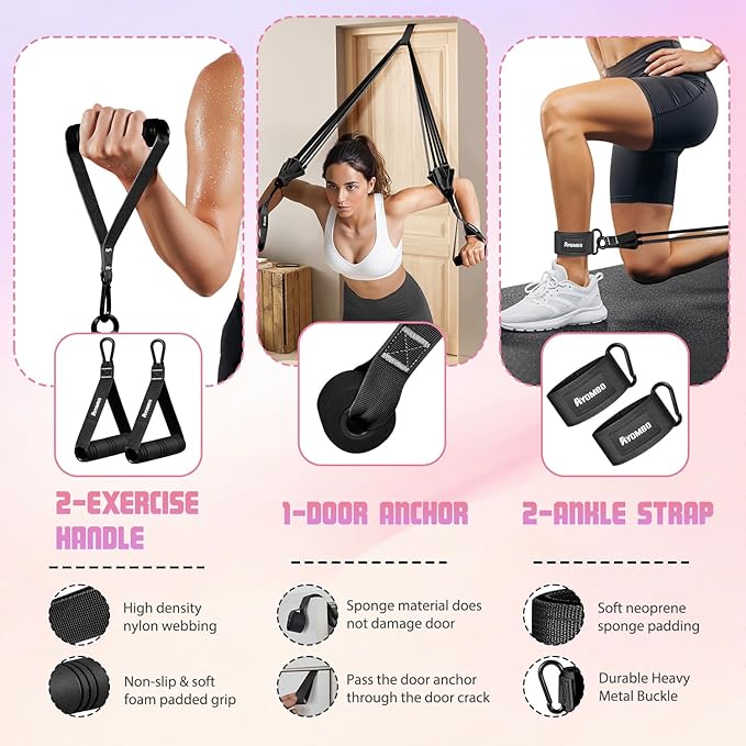 Resistance Bands with Handles for Women, Exercise Bands Set for Physical Therapy Yoga Pilates, 5 Level Workout Bands for Working Out with Door Anchor, Home Gym Fitness Equipment