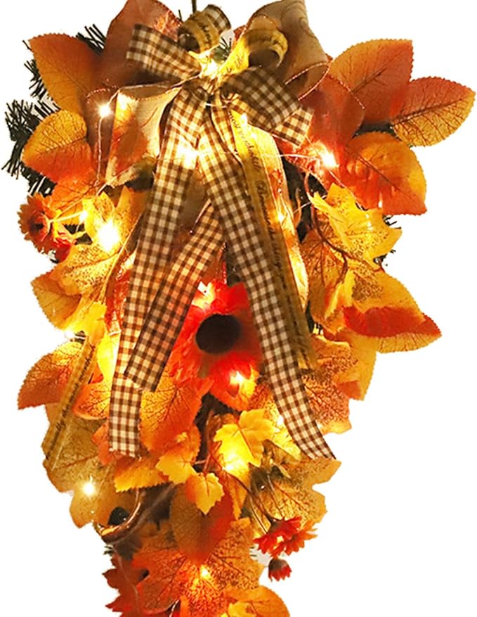 21.7Inch Artificial Fall Harvest Teardrop Swag for Front Door Thanksgiving Teardrop Wreath with Maple Leaves Berry Autumn Floral Swag for Home Wall(with Light)