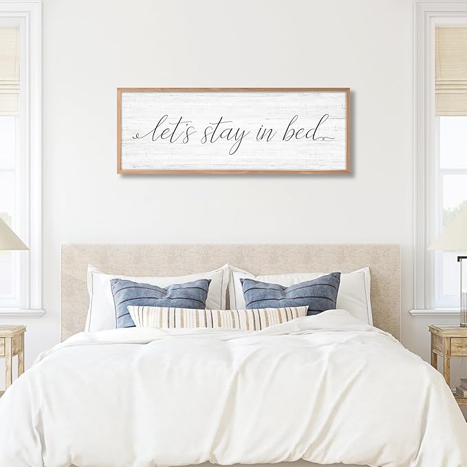 Lets Stay in Bed Wall Decor Above Bed 41.3''×15'' Large Farmhouse Wall Decor for Bedroom Guest Room Decor Framed Wood Wall Art Rustic Master Bedroom Wall Decoration (brown frame)