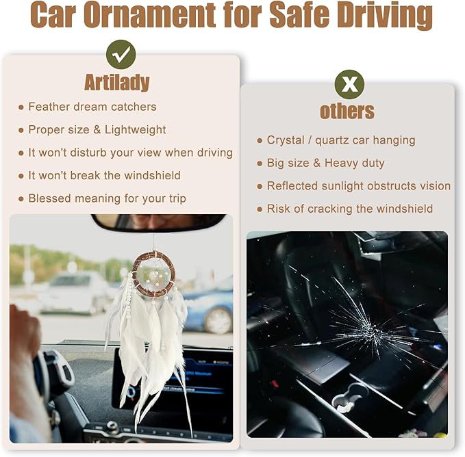 Mini Dream Catcher Car Rear View Mirror Accessories White Wall Hanging Native American Car Interior Decor Charms Natural Rattan Feathers Ornament for Women