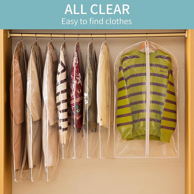 Garment Bags for Hanging Clothes, 6 PCs All Clear Garment Bag, Plastic Dustproof Suit Bag, Coat Protector Zippered Garment Covers for Closet Storage and Travel - 24'' x 48''/6 Pack