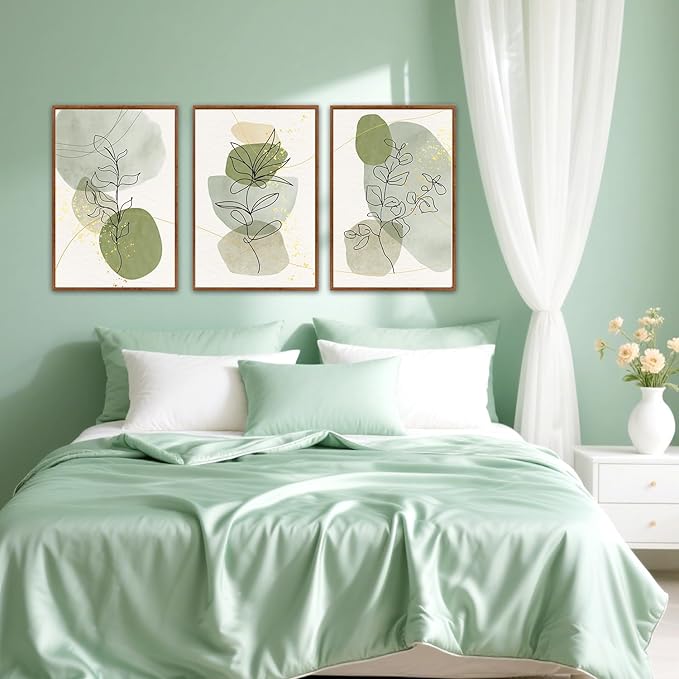 KAlRNE Boho Botanical Framed Canvas Wall Art Set of 3(16”X24”),Abstract Sage Green Wall Decor,Minimalist Watercolor Picture,Modern Geometric Black Line Art Prints For Living Room Bedroom Office
