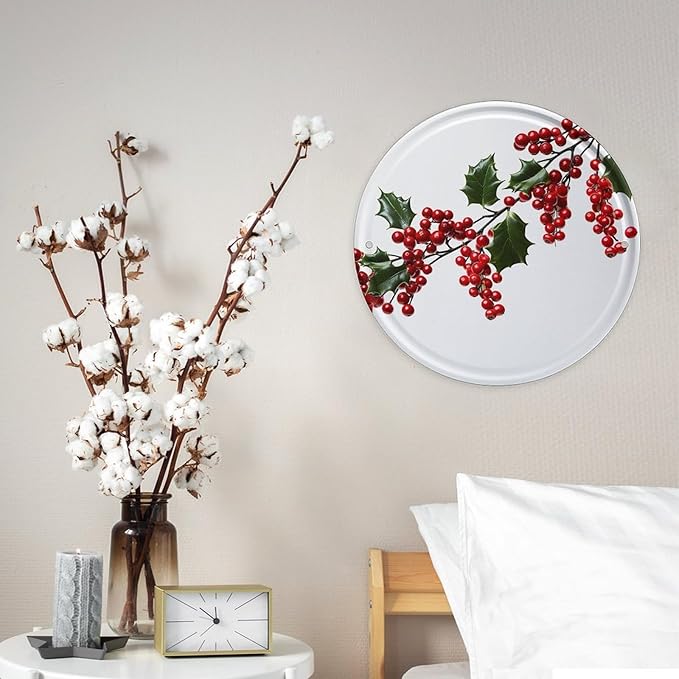 Wall Picture, with Holly Berry Branches Printed Circular Iron Hanging Picture,Wall Art Decor,Home for Bedroom Living Room Bathroom Decor,Iron Painting 11.8X11.8 in