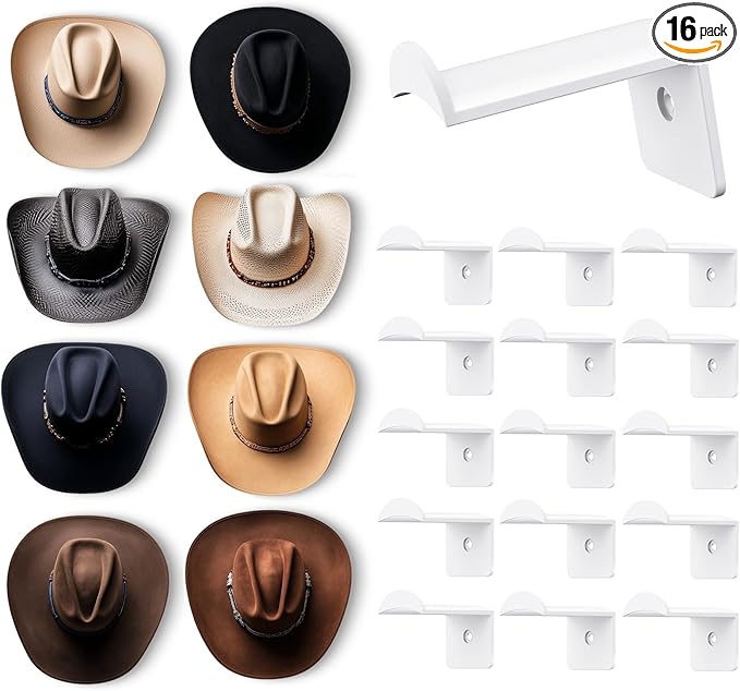 2.8 Inch Hat Hooks for Wall - (16 Pack) Cowboy Hat Rack, Strong Adhesive Cap Holder, Organizer for Baseball Caps, Western Room Decor - White