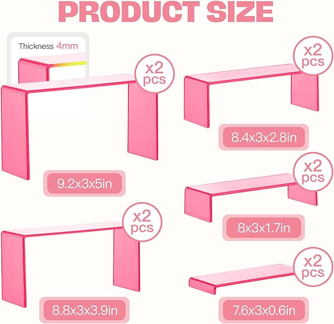 Goabroa Display Risers, 2 Sets 10 Pcs Perfume Stand Organizer, Rectangular Riser Shelves for Figures, Cupcake, perfume display, Wine Glass and Handbag display, Transparent Pink
