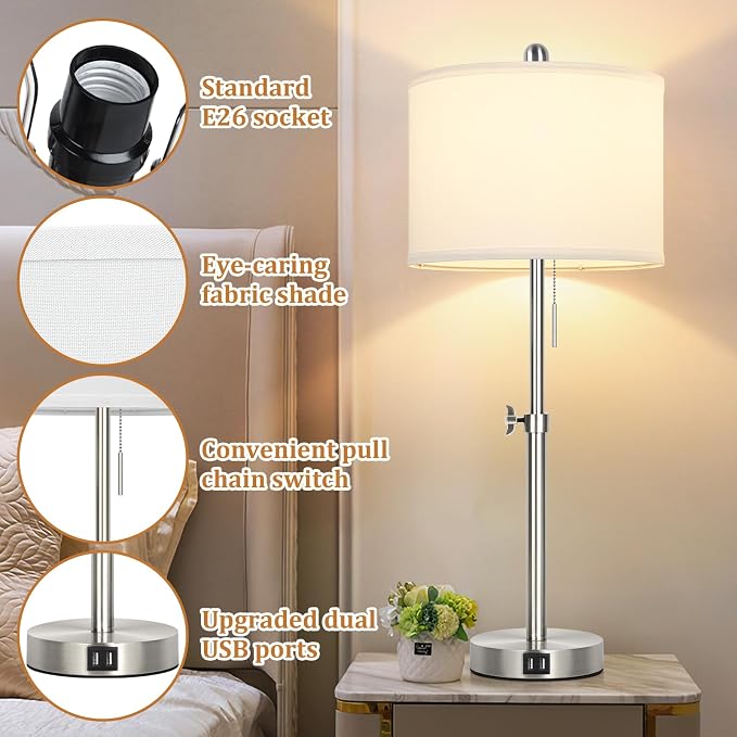 Kondras Table Lamp Set of 2 for Bedroom, Bedside Lamp with 2 USB Ports, 23" to 30" Height Adjustable Tall Table Lamp for Living Room End Tables, Modern Silver Nightstand Lamp with Pull Chain