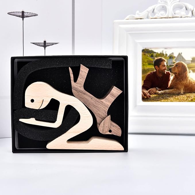 ISHINE Handmade Wooden Dog Gift - Carved Dog Statue, Perfect for Home, Office or Living Room Decor