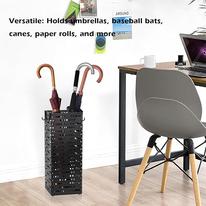 Tefola Metal Umbrella Stand ,Metal Umbrella Holder with 4 Hooks,Square Mesh Umbrella Holder for Home, Entryway, Office, Hotel & Supermarket(Black, 16.5 x 6.5 x 6.5Inch)