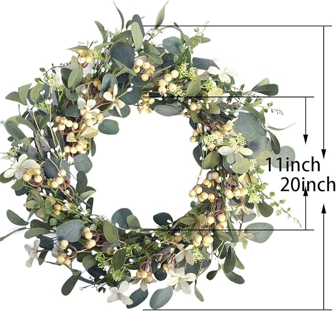 20Inch Artificial Eucalyptus Berry Wreath Green Leaf Eucalyptus Wreaths Spring Summer Wreath for Front Door Window Hanging Wall Party Decorations (20in)