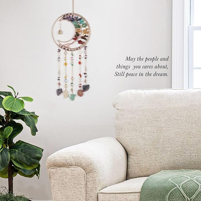 Rainbow Gemstone Dream Catcher 7 Chakras Tree of Life Moon Dream Catchers with Healing Crystal Stones Handmade Suncatcher Dreamcatcher Wall Decor for Adults Living Room,Bedroom,Garden,Bless Gift