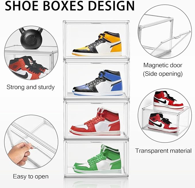 Size 14 Acrylic Sneaker Shoe Display Case, Transparent Shoe Box Storage Bins Clear Plastic Stackable Boot Handbag Organizer Containers with Lids for Shoes, Figure, Collectible, Purse, 1Pack
