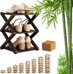 9 Tier Bamboo Shoe Rack, Foldable Shoe Rack, Shoe Rack, Ertical Shoe Organizer for Small Spaces, No Assembly Narrow Shoe Shelf for Entryway Closet Dorm (Brown, 3 Layers)