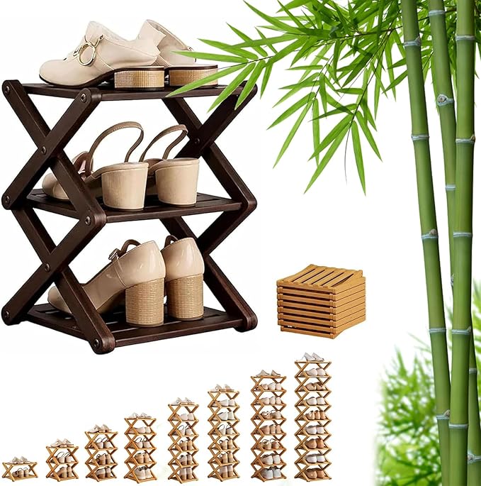 9 Tier Bamboo Shoe Rack, Foldable Shoe Rack, Shoe Rack, Ertical Shoe Organizer for Small Spaces, No Assembly Narrow Shoe Shelf for Entryway Closet Dorm (Brown, 3 Layers)