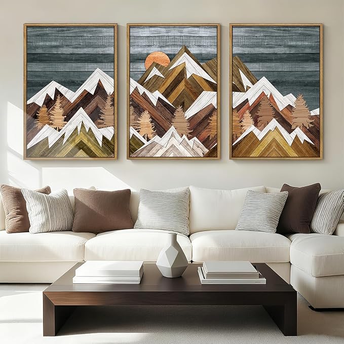 BINCUE Extra Large Mountain Wall Art Farmhouse Mountain Wall Decor Large Landscape Artwork 24x36 Inches Set of 3 Framed Rustic Painting Boho Mountains Artwork for Living Room Bedroom Office Farmhouse