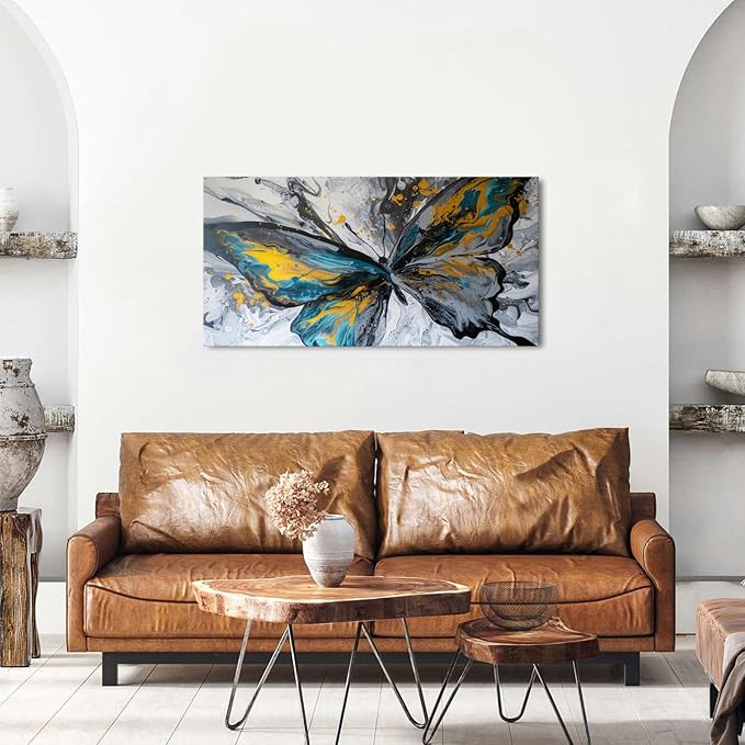 Abstract Butterfly Wall Art Teal Grey Yellow Butterfly Wall Decor Modern Marble Textured Canvas Poster Luxury Fluid Pictures Watercolor Neutral Artwork for Living Room Bedroom Home Decoration 20x40"